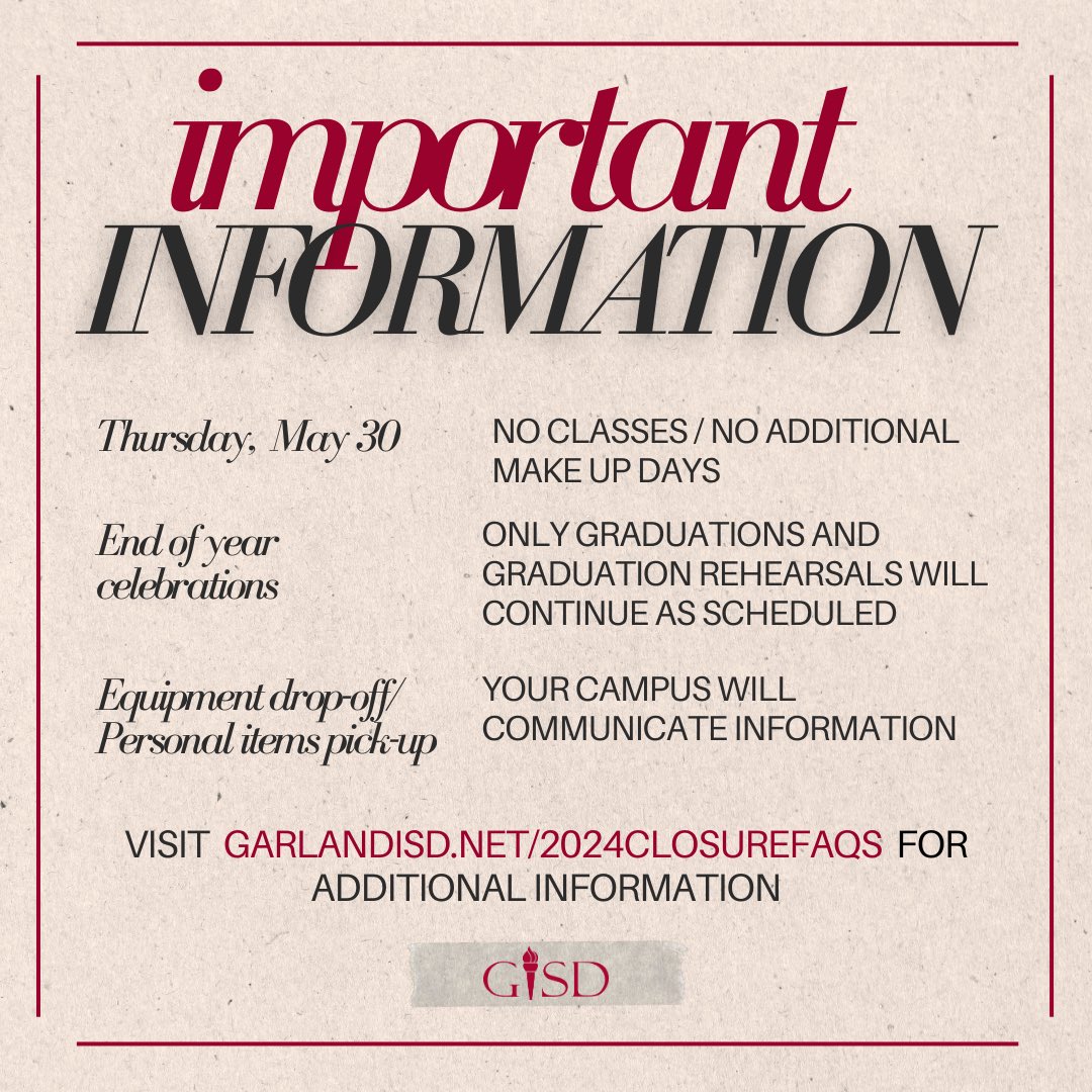 Important Update: GISD End of School Year Announcement - May 29, 2024 2:54 p.m.

After thoroughly assessing the recent power outages and building damages across our district, the decision has been made to cancel school tomorrow, Thursday, May 30, 2024. There will be no make up