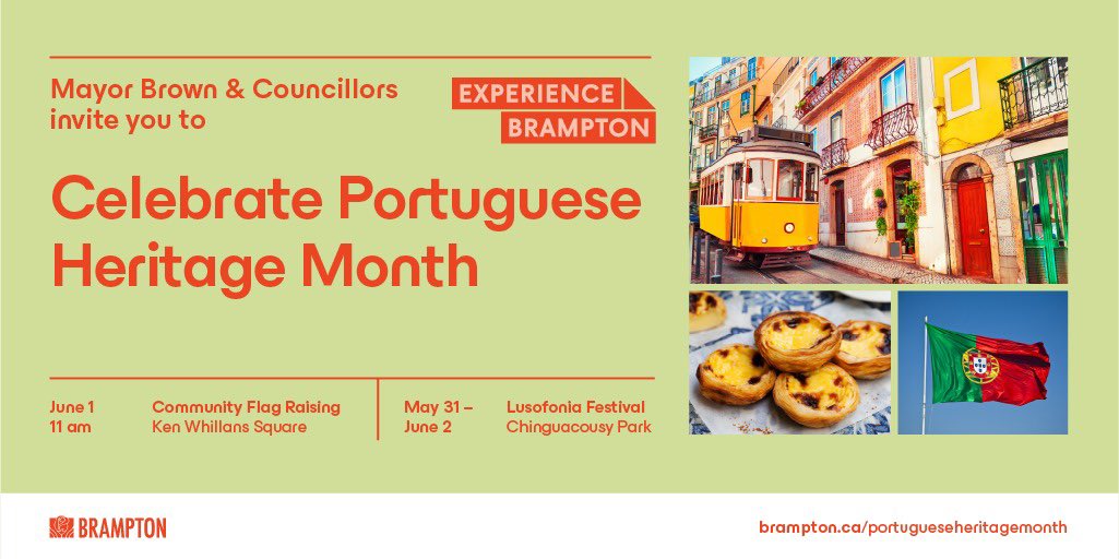 Join @CityBrampton in celebrating Portuguese Heritage Month! 🎉

Experience the rich culture, history and contributions of the Portuguese Canadian community! Don't miss the Lusofonia Festival from May 31 to June 2 at Chinguacousy Park and the community flag raising on June 1 at