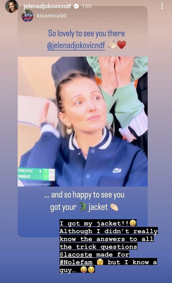 'I know a guy' - Novak Djokovic's wife Jelena jokingly reveals how she got the Lacoste jacket she sported during Serb's French Open 1R win 🙌
@Lacoste 🐊

@jelenadjokovic @NDjokofan 
#RolandGarros  #NoleFam 

📸: @jelenadjokovic  (IG)