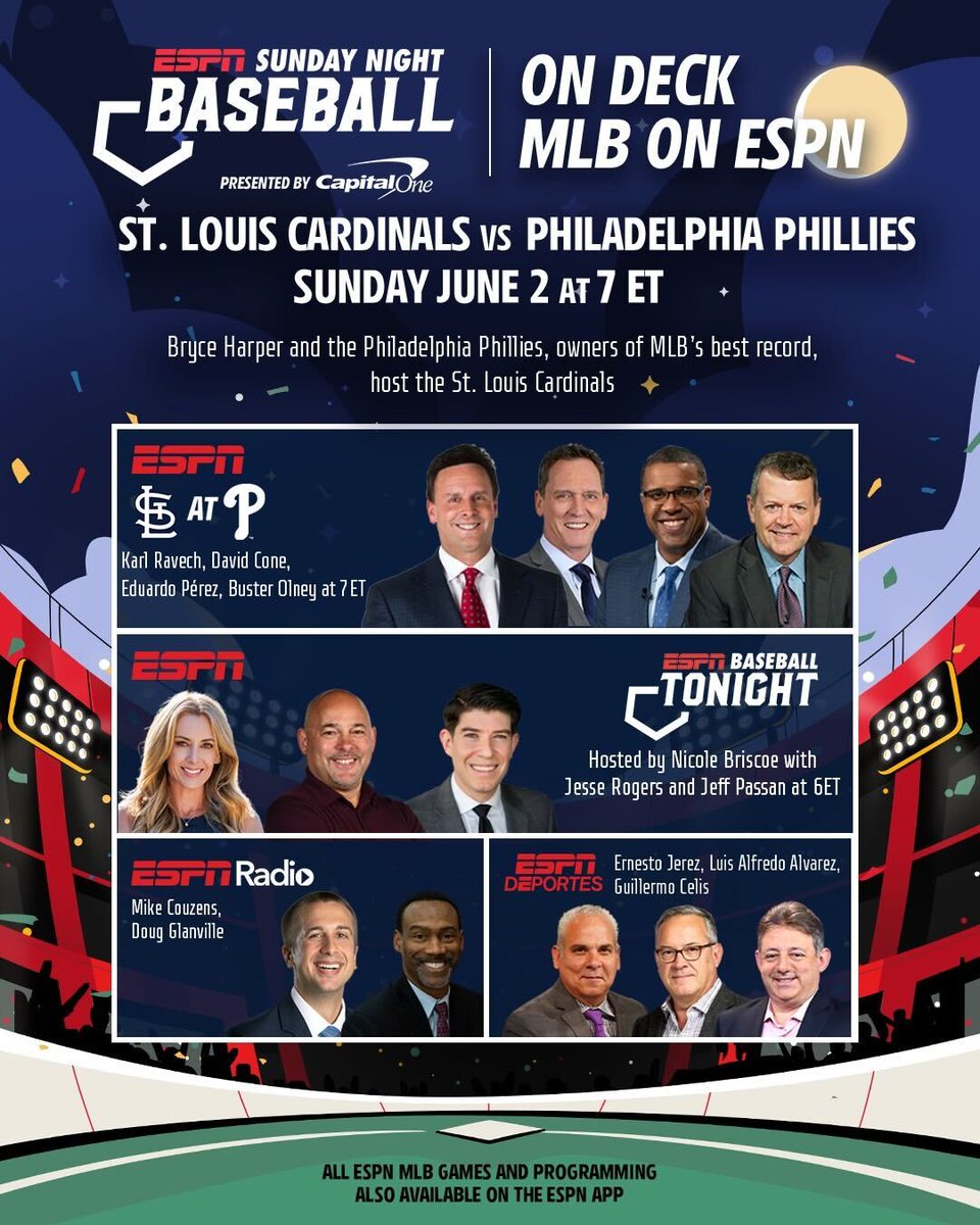 This weekend, #SundayNightBaseball features the Philadelphia Phillies & Bryce Harper with the #MLB's best record against the St. Louis Cardinals ⚾️ Sunday | 7p ET | #STLCards vs #RingTheBell | ESPN 🎙️ @karlravechespn, @dcone36, @PerezEd, @Buster_ESPN
