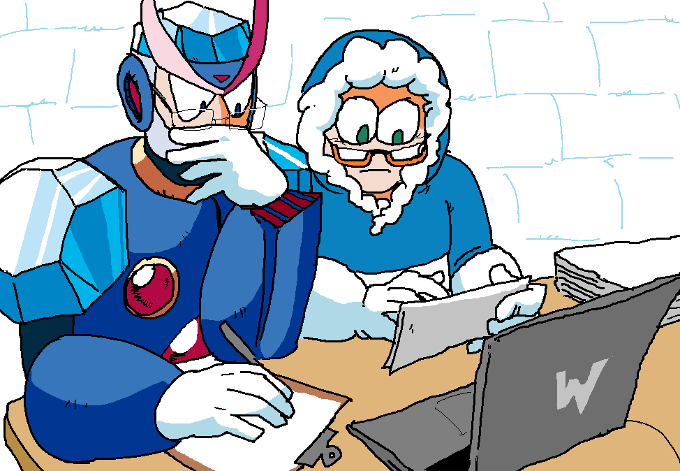 kofi req: 'can you draw ice man and freeze man from mega man classic doing taxes like a married couple'