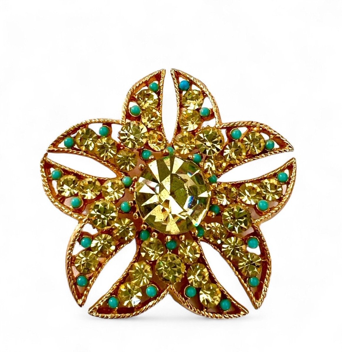 BSK Stylized Maltese Cross or Flower Brooch Jonquil/Yellow Chatons Turquoise Ballotini Gold Tone Metal Gift for Her #BksSignedBrooch #MalteseCross 
$54.00
➤ etsy.com/listing/172363…