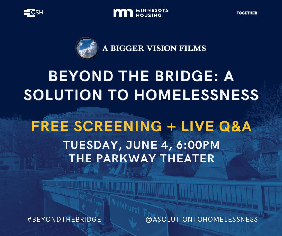 CSHInfo's tweet photo. How can Minneapolis solve homelessness in a comprehensive way? Join us on June 4, at The Parkway Theatre at 6:00pm for a FREE screening and Q&A of @aBVfilms new feature doc BEYOND THE BRIDGE: A Solution to Homelessness. RSVP here: https://t.co/0S7yLYDQuC
#BeyondtheBridge https://t.co/DwObjdpUq6