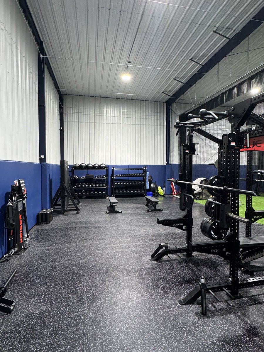 TalleyPerform's tweet photo. Our state-of-the-art 22,000 square foot facility is now complete!

All renovations are done:
• Basketball court removed ✅
• 4 new cages, new turf, and nets installed ✅
• Brand new Rogue weight room ✅

We are thrilled with the results! Come train with us at https://t.co/cUxAaNvbCv.