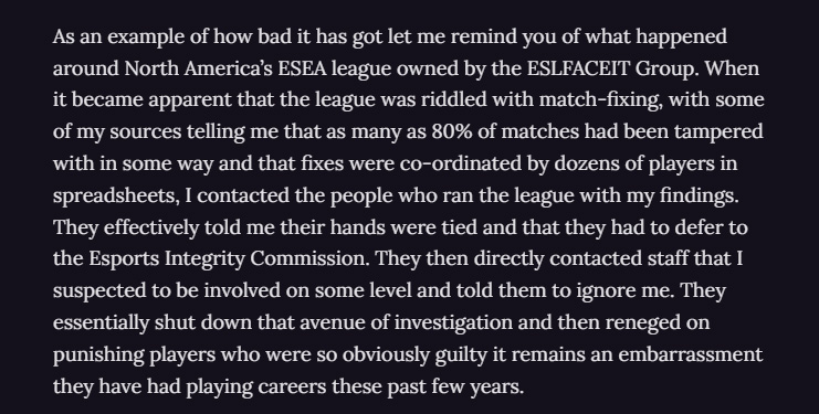 James B Fudge (@jfudge) on Twitter photo This latest report from <a href="/RLewisReports/">Richard Lewis</a> on match fixing is pretty fascinating and maybe a little scary if you think about all the people out here gambling on esports now. Here's a rather eye opening excerpt:
richardlewis.substack.com/p/a-different-… This latest report from <a href="/RLewisReports/">Richard Lewis</a> on match fixing is pretty fascinating and maybe a little scary if you think about all the people out here gambling on esports now. Here's a rather eye opening excerpt:
richardlewis.substack.com/p/a-different-…