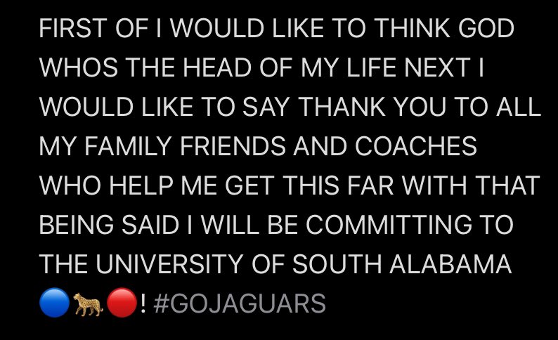 JeremiahT25's tweet image. After a great conversation with @CoachApplewhite I’m a blessed to say that I am committed to the University of South Alabama 🔵🐆🔴!! #GOJAGUARS @CoachPPetrino @RussellEllingt4 @CoachTravv850 @CoachJohnson813 @coachshawn18 @CoachHattenJr @coachadunlap @GradyGuess
