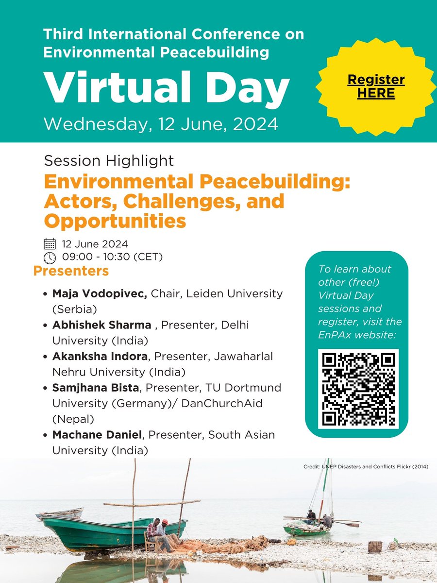 The Virtual Day of the Third International Conference on Environmental Peacebuilding is on June 12. Join us for "Environmental Peacebuilding: Actors, Challenges, and Opportunities" during session 1 at 9AM. Scan the QR code for more information and registration information.