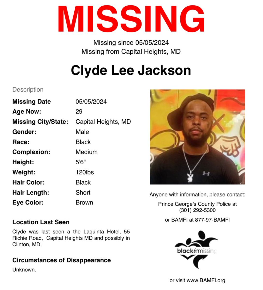 #CapitolHeights, #MD: 29y/o Clyde Jackson was last seen at the Laquinta Hotel on 55 Richie Rd on May 5th, 2024, wearing a hooded sweatshirt & blue jeans. Please share to #HelpUsFindClydeJackson #ClydeJackson