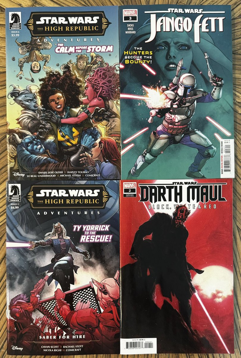 Esta semana nos trajo cuatro cómics nuevos de Star Wars entre Marvel y Dark Horse:

THR: Adventures (2023) #6
THR:A Saber for Hire #2
Jango Fett #3
Darth Maul: Black, White & Red #2