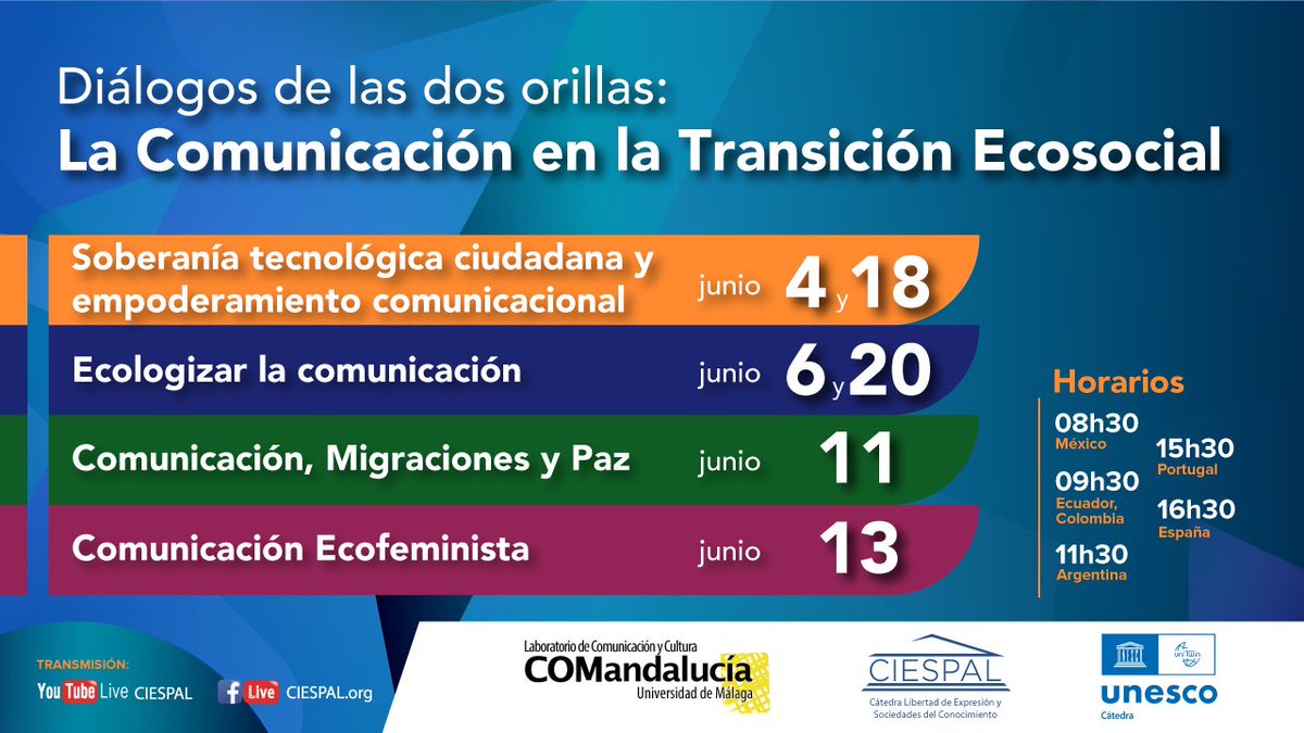 #Webinars
Diálogos de las dos orillas:
La Comunicación en la Transición Ecosocial
Una serie de encuentros que tienen por objetivo pensar el bien común desde un sentir biocéntrico, es decir, en alianza cooperativa con la naturaleza.

Participa bit.ly/3X33pT0