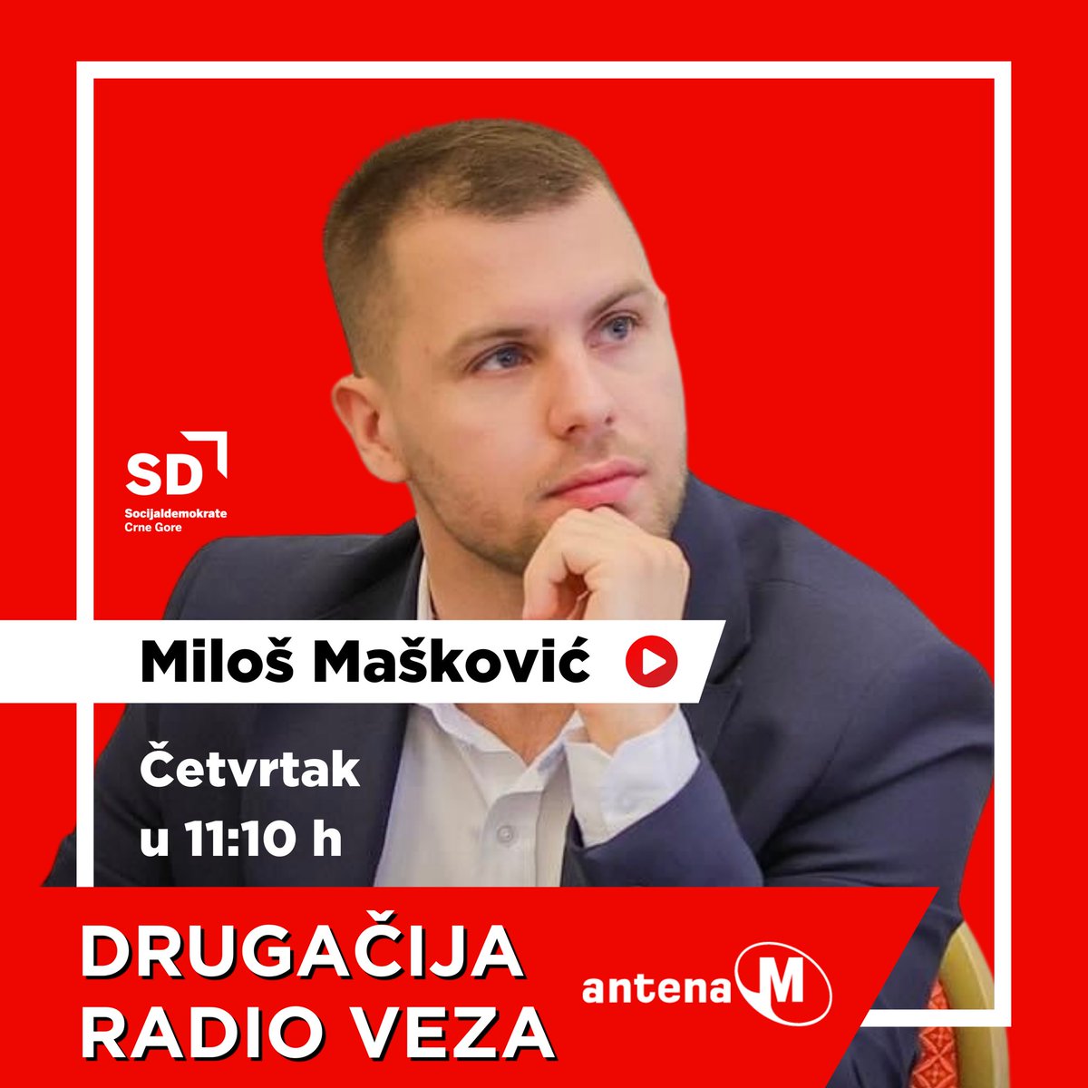 🔴Odbornik Socijaldemokrata u Skupštini Glavnog grada @milosmaskovic biće sjutra gost u emisiji „Drugačija radio veza” na Anteni M. ⏰Četvrtak, 30. maj u 11:10h. 📍Tema: Inicijativa za smjenu gradonačelnice Olivere Injac