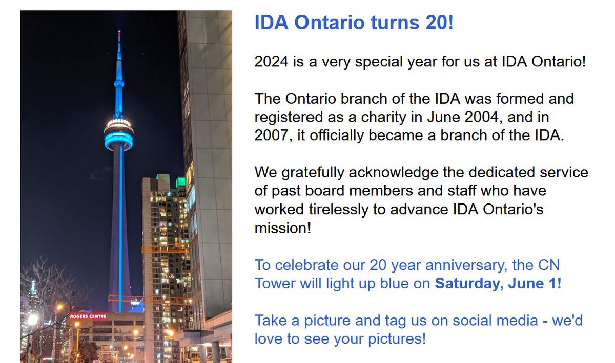 2024 is a very special year for the International Dyslexia Association of Ontario! The Ontario branch of the IDA was formed and registered as a charity in June 2004. To celebrate, the CN Tower will light up blue this Saturday, June! Watch it live at buff.ly/3MzDJGF