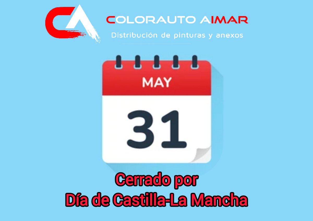 Debido a la festividad de Corpus Christi y al día de la Comunidad de Castilla la Mancha, nos tomamos unos días de descanso para recargar pilas.
Volvemos el lunes 3 de junio.
Feliz puente a todos/as y que disfrutéis.
#colorautoaimar #colorauto #colorautorefinish #castillalamancha