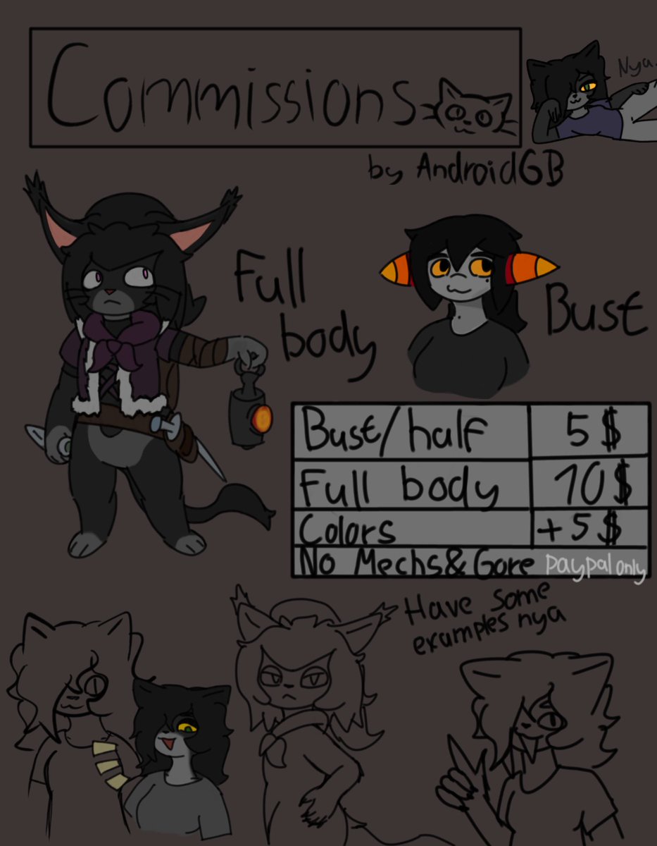 Android6B's tweet photo. and there it is! i'm opening commissions again because as stated post under, im being pressed hard for money.

DM me if you're interested :]
(slots are undetermined) https://t.co/7aKeD0jvTg