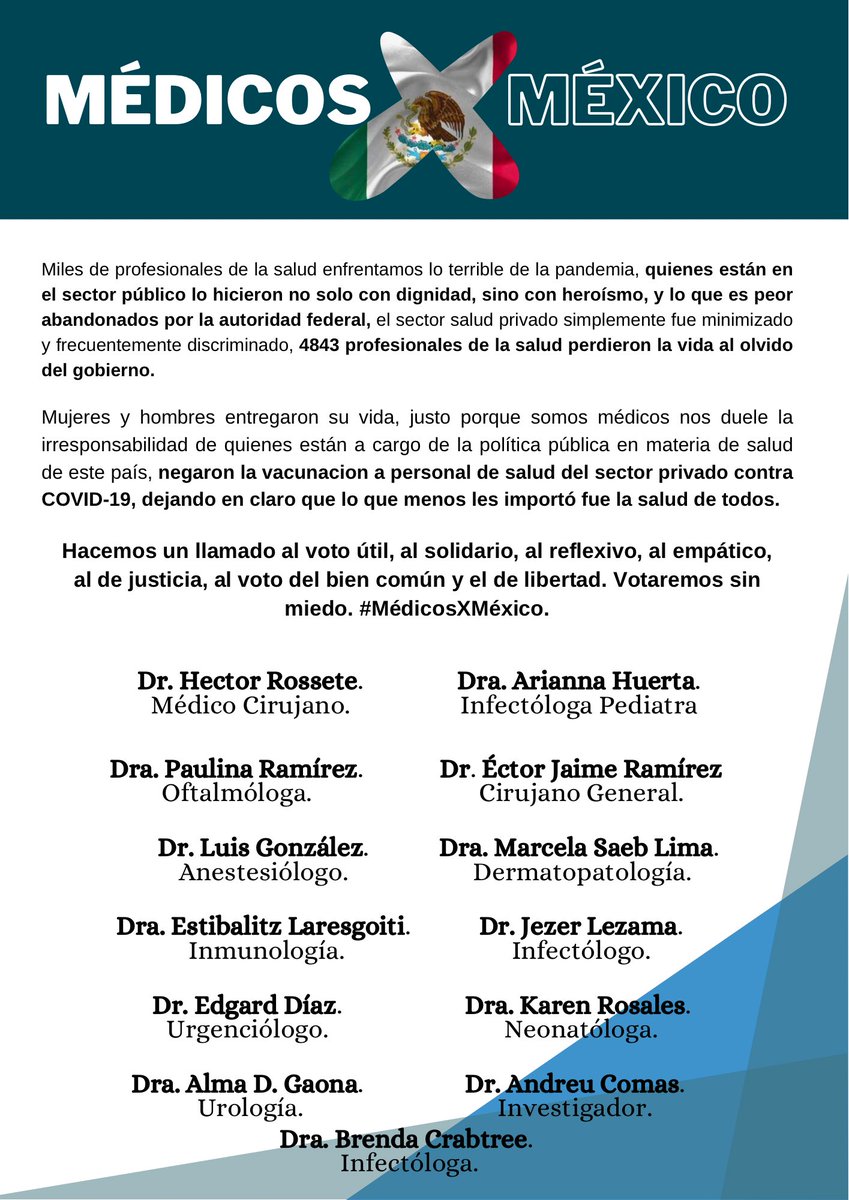 HectorRossete's tweet photo. 🚨¡Ya somos más! Y tenemos una VERDAD que contar; gracias colegas por unirse a esta iniciativa #MédicosXMéxico, el sector salud es el más afectado. Juntos defendemos la vida, la salud y levantamos la voz.
Votaremos SIN MIEDO. https://t.co/ZaCRnPmFkA