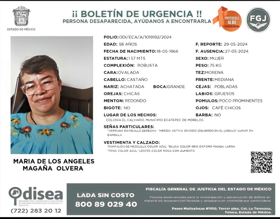 🚨 Amigos y amigas, ¡ayúdenos a difundir este boletín para localizar a María de los Ángeles Magaña Olvera! 🙏 Quien fue vista por última vez en Ecatepec, Estado de México, el pasado 27 de mayo. 📢