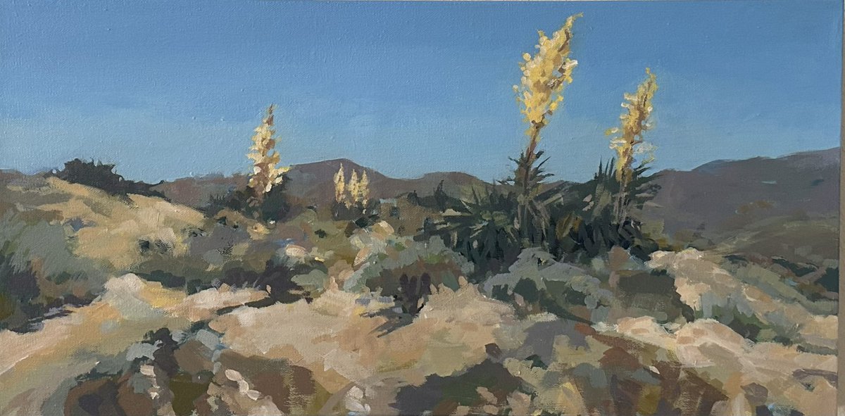 This one is growing on me. Not sure whether it is finished or not… I usually believe a painting needs a pop of red. 12 x 24.#joshuatree #joshuatreenationalpark #parrysnolina #desertspring #contemporaryartlosangeles #californiapainter #shoplocal
