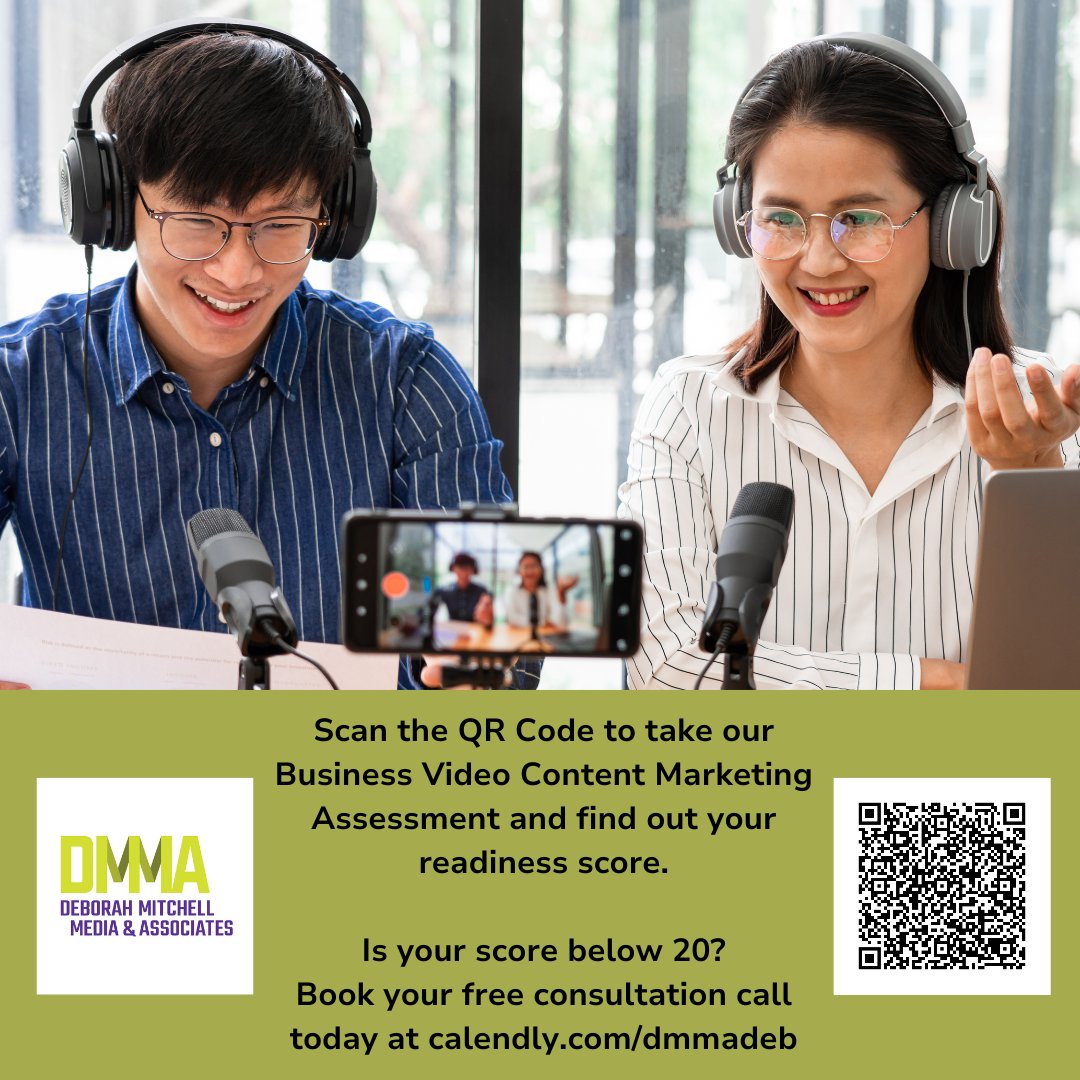 How is your Business Video Content Marketing Assessment?  Are you ready?  Scan the code, take the test and contact Deborah Mitchell Media & Associates for your free consultation today.  #BusinessVideo #ContentMarketing #VideoAssessment #DigitalMarketing #MarketingStrategy
