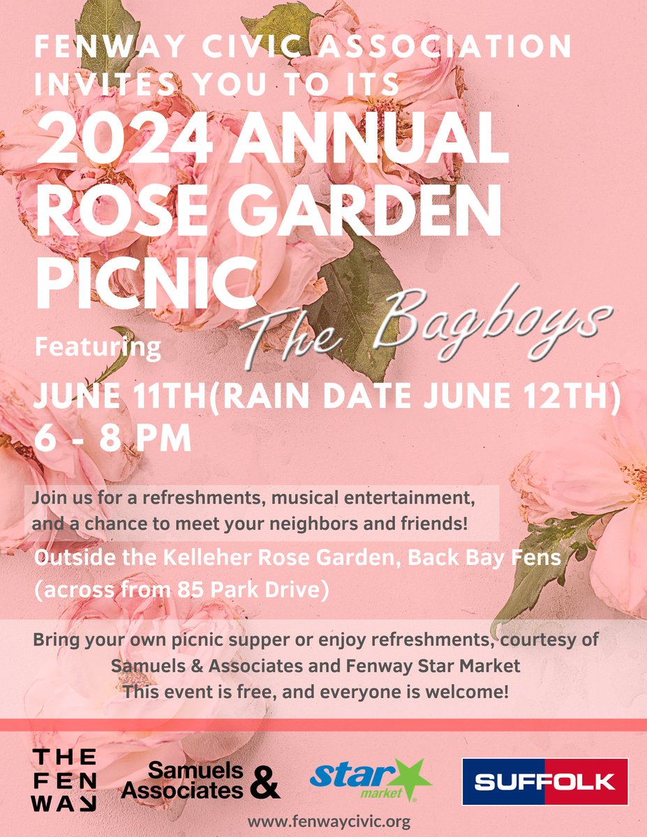 Fenway Civic (@fenwaycivic) on Twitter photo We are looking forward to our Annual Picnic on 6/11 with support from friends at <a href="/TheFenway/">The Fenway</a>, <a href="/SuffolkBuilds/">Suffolk Construction</a> , and <a href="/Star_Mrkt/">Star Market</a>. Join us for food, music, and a chance to stroll the roses! #parks #community We are looking forward to our Annual Picnic on 6/11 with support from friends at <a href="/TheFenway/">The Fenway</a>, <a href="/SuffolkBuilds/">Suffolk Construction</a> , and <a href="/Star_Mrkt/">Star Market</a>. Join us for food, music, and a chance to stroll the roses! #parks #community