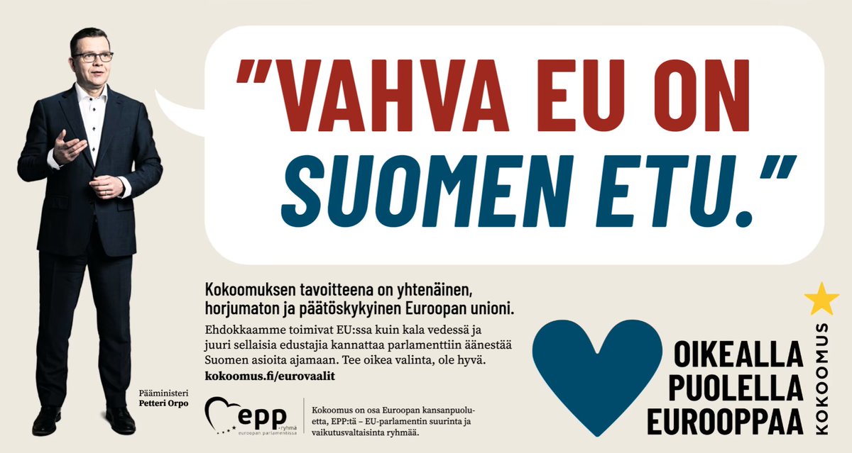 Kannattaa muistaa, mitä @kokoomus tarkoittaa. 'Vahva EU' on vain kiertoilmaisu EU-liittovaltiokehitykselle eli tiivistyvälle velka- ja tulonsiirtounionille ja vallansiirrolle EU:lle. 

Näin suomalaisia eksytetään 👇