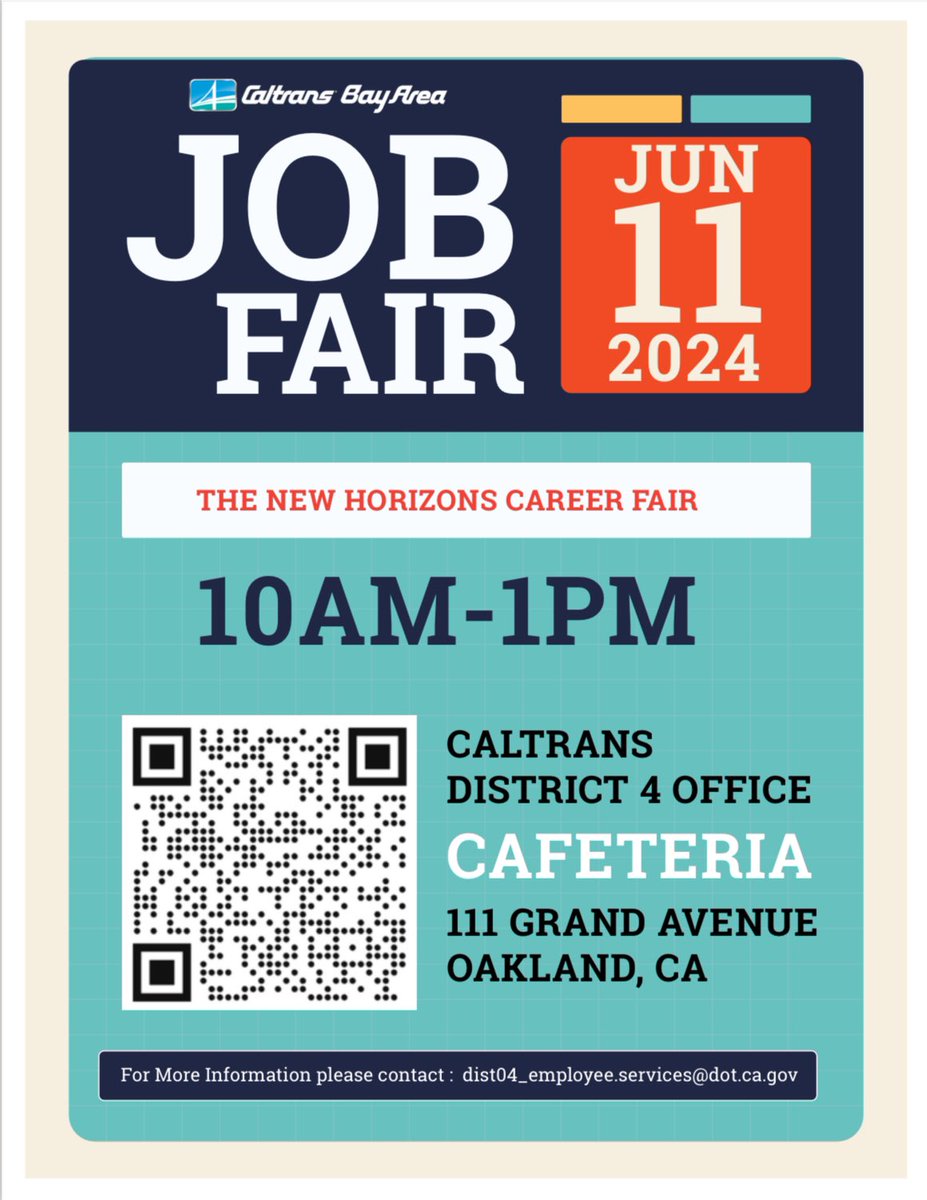 🚀 Don’t miss the Caltrans Bay Area Job Fair on June 11, 2024, from 10am- 1pm at 111 Grand Avenue, Oakland! 🌟 Connect with industry pros and explore new career opportunities. For details, scan the QR code in the flyer. See you there! #BayAreaJobs