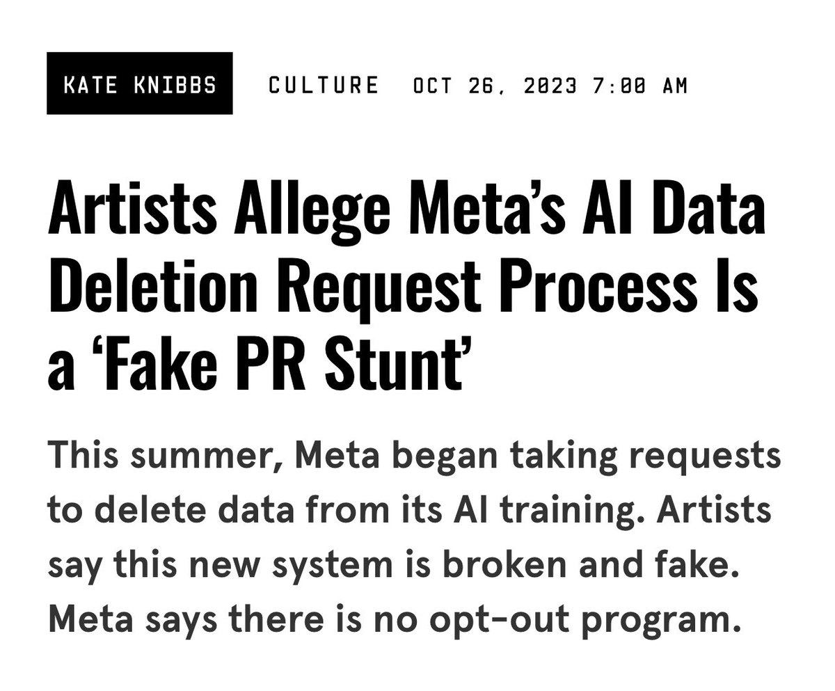 kortizart's tweet photo. Remembering how last October, Meta said their “opt out forms”  weren’t really opt out tools, as Meta had no intention to let people “opt out” against their work being used to train Meta’s GenAi models.
 
https://t.co/DqaxJ5NyBt

May one day someone take Meta to court for this bs https://t.co/uMTcaZZL7s