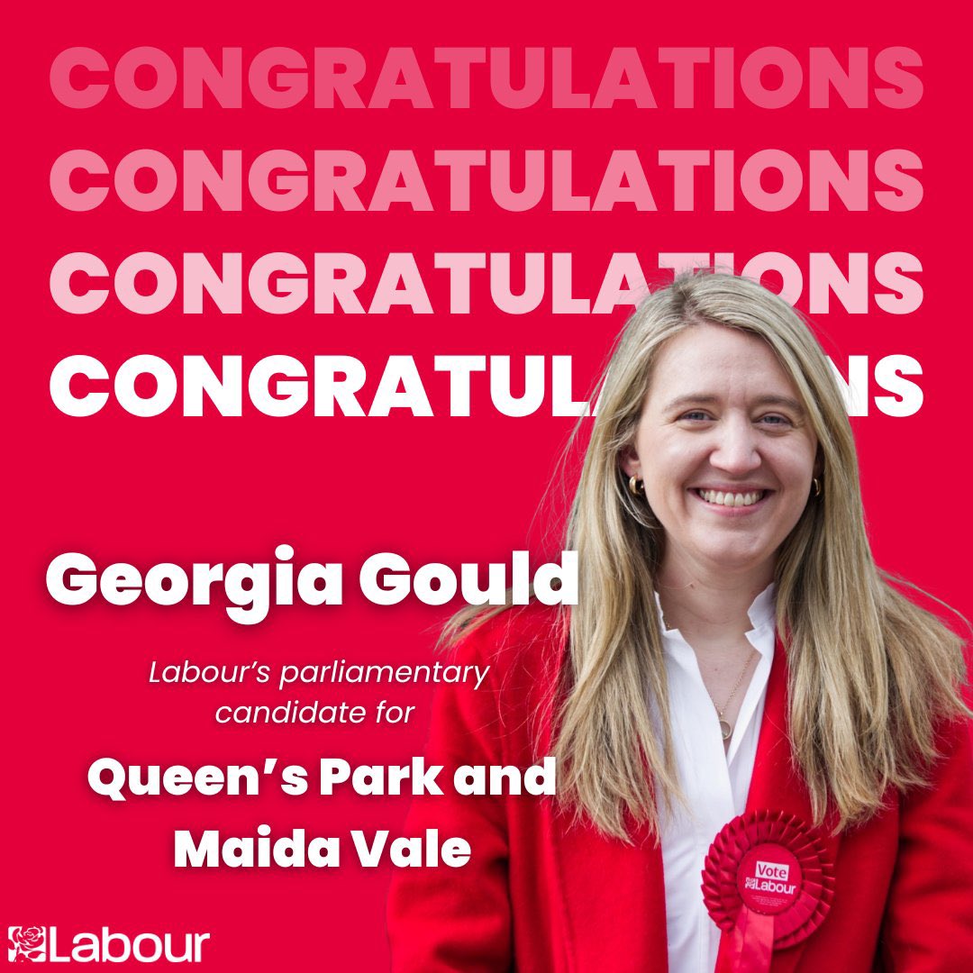 Congratulations @Georgia_Gould Labour's candidate for Queen's Park and Maida Vale!🌹👏