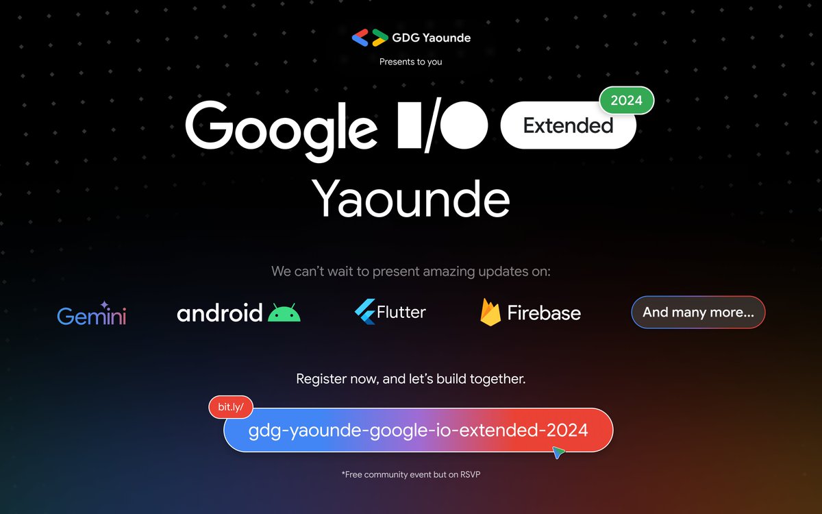 Plus que quelques jours pour reserver votre place  au Google #IOExtended Yaoundé 2024. 

Reservez votre place ici: bit.ly/gdg-yaounde-go… et rejoignez nous le 15 juin pour le lancement ! 

N'attendez pas la dernière minute pour le faire
#GDGYaounde