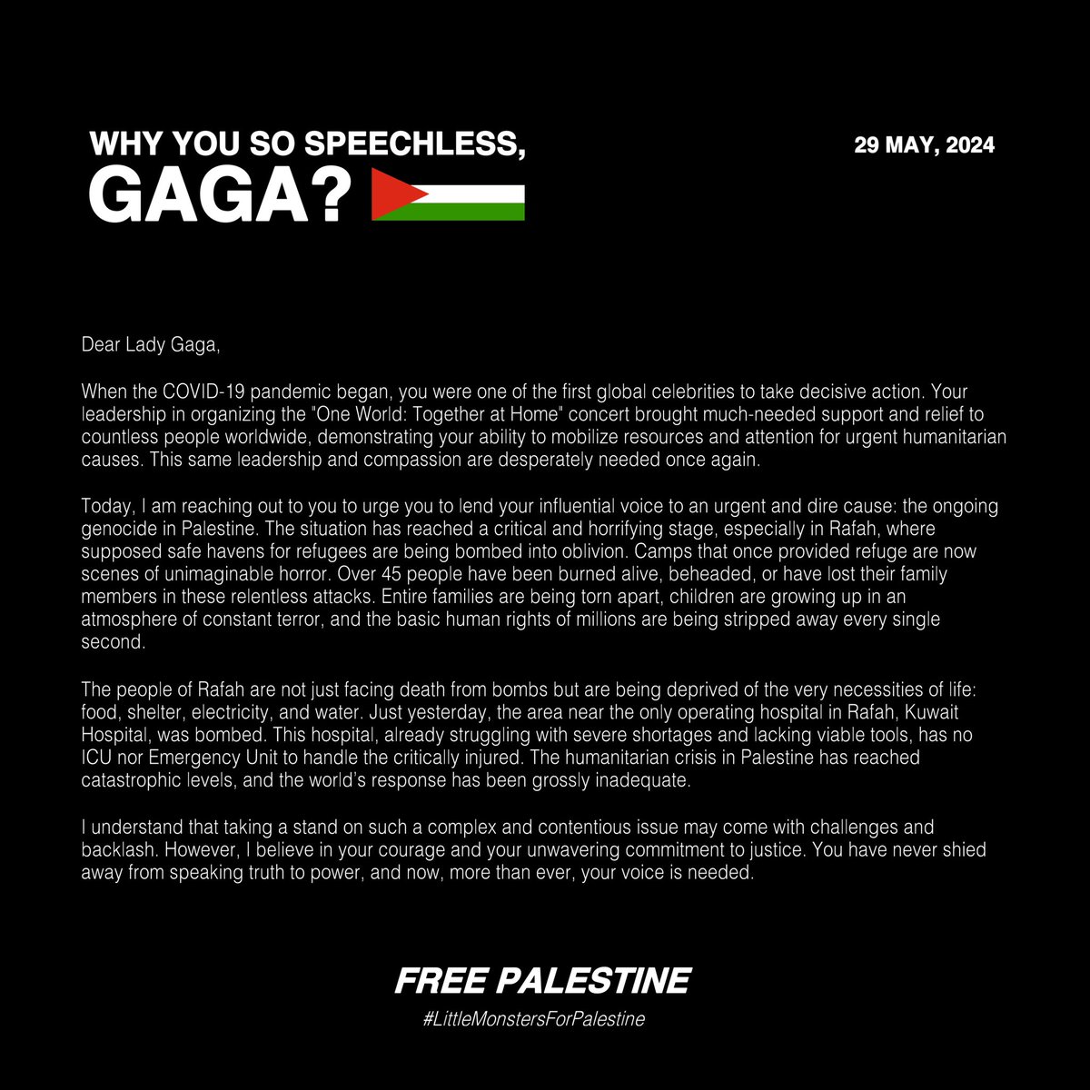 AN OPEN LETTER, FROM LITTLE MONSTERS TO @ladygaga 

#LittleMonstersForPalestine
#FreePalestine
#AllEyesOnRafah