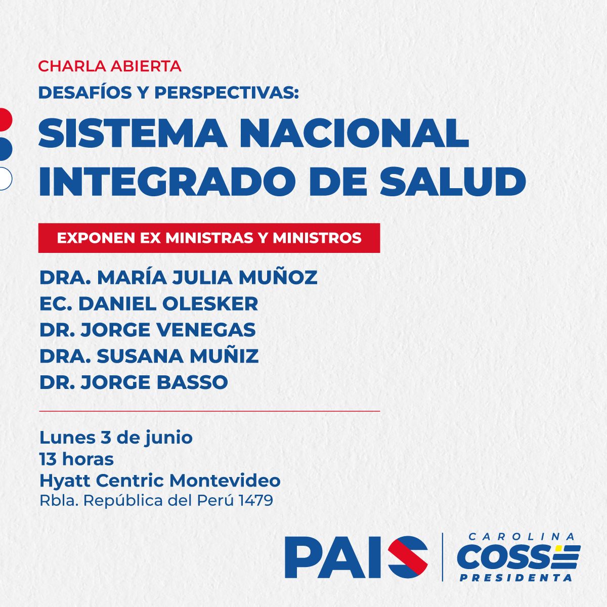 Dentro del marco de charlas abiertas del Plan Pais contar la con presencia de 4 ex ministros disertando sobre el SISTEMA NACIONAL INTEGRADO DE SALUD es un verdadero placer. 

🗓 Lunes 3 de Junio

📍 Hotel Hyatt Montevideo (Rbla. República del Perú 1479)

⏳️ 13hrs