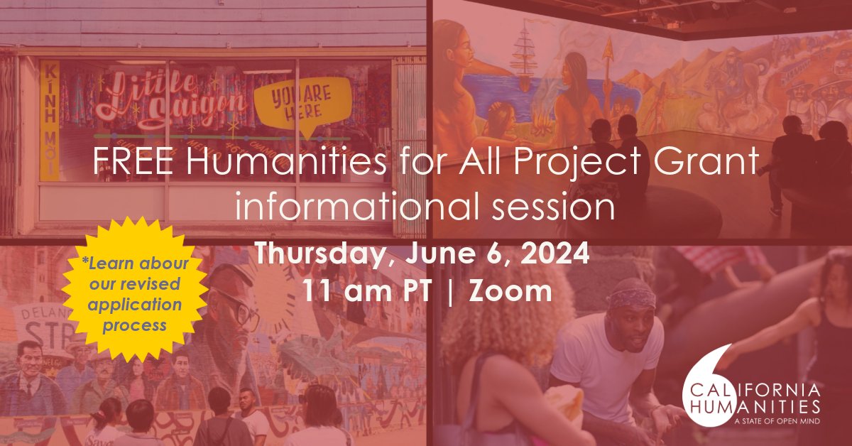 CA_Humanities's tweet image. On June 1, #HumanitiesforAll Project Grant applications will move to a new two-step process, starting with the submission of a preliminary proposal/Letter of Intent (LOI) by the July 15 deadline. Join our FREE June 6 webinar to learn more: bit.ly/3Vlbr8o