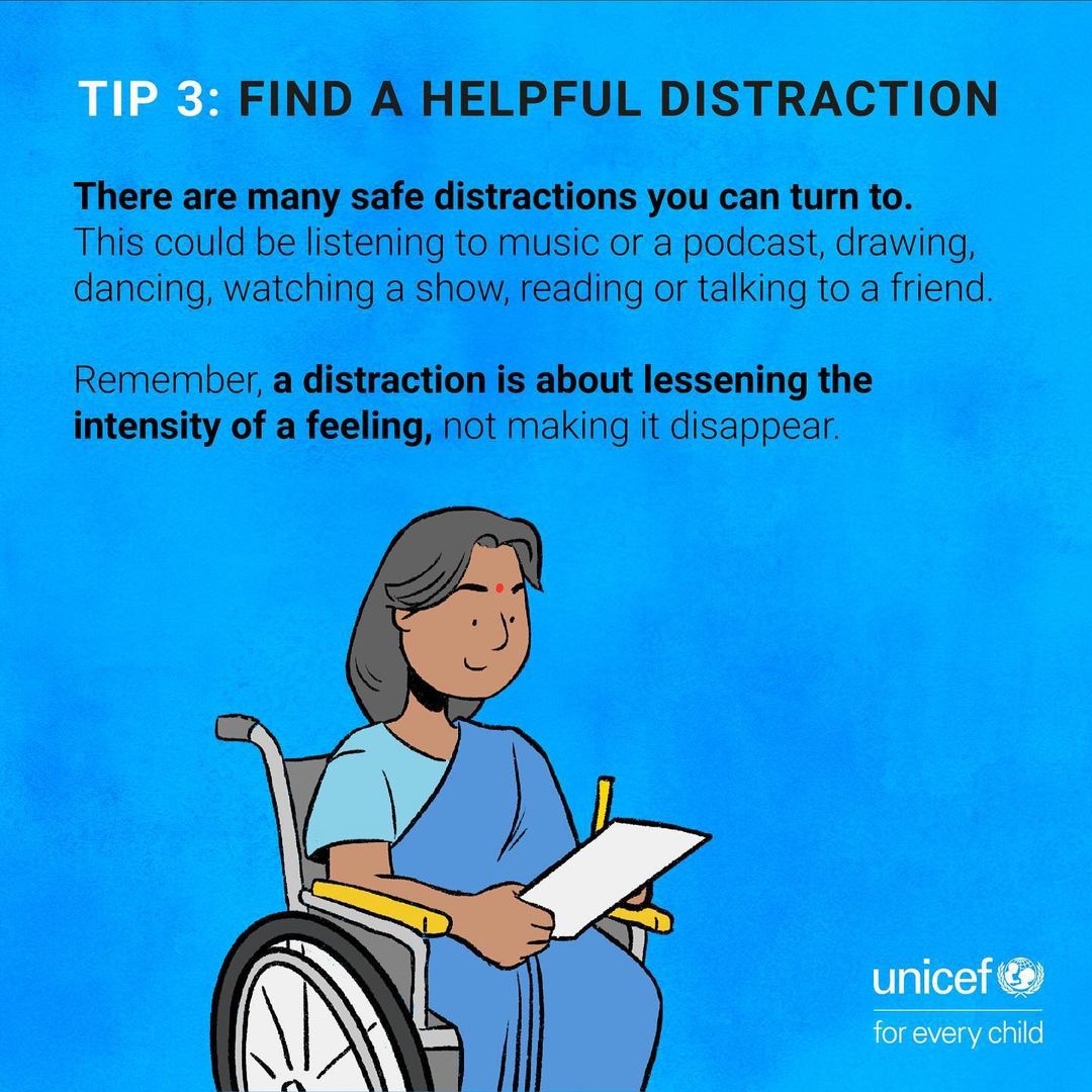 UN's tweet photo. Prioritizing mental health is important each and every day, particularly during times of high stress.

@UNICEF has five quick techniques to help you manage stress &amp; take care of your mental well-being. ⬇️ #MentalHealthAwarenessMonth