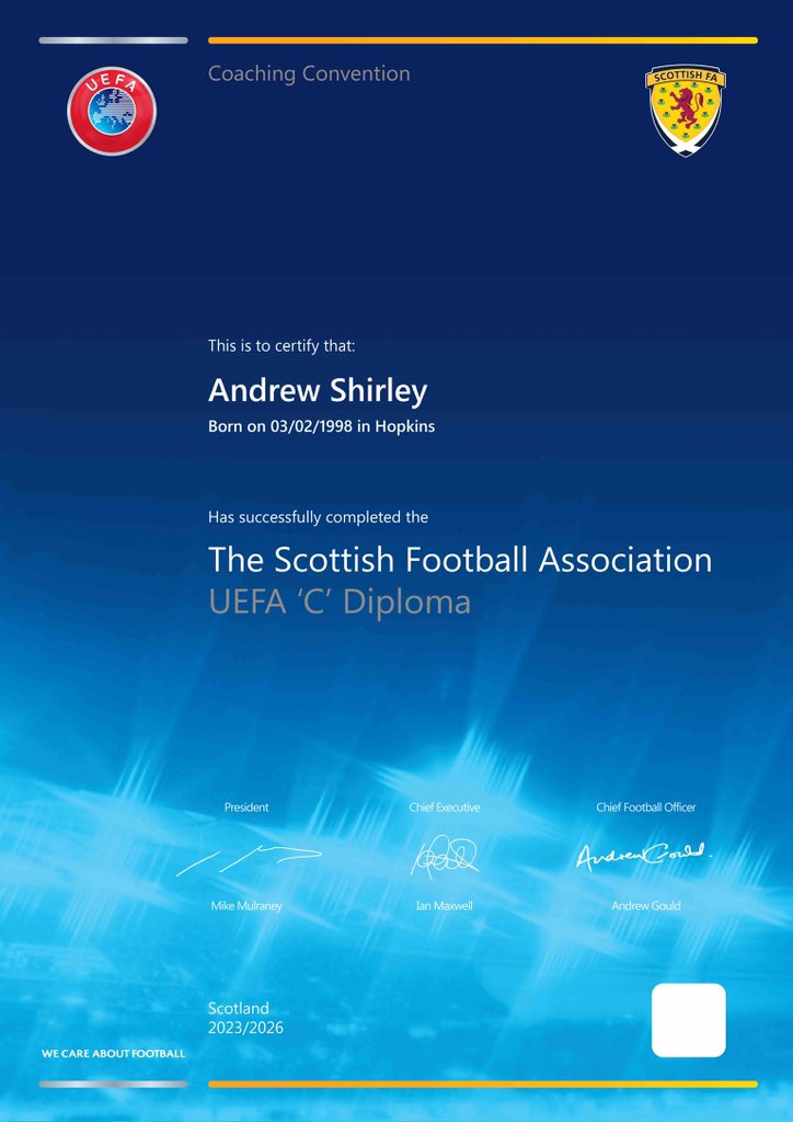 AndrewShirley07's tweet image. Grateful to have passed the UEFA C Licence with the Scottish FA! Had a wonderful experience on the course, learned a ton, and met some incredible instructors and coaches! #ScottishFACoachEd ⚽️