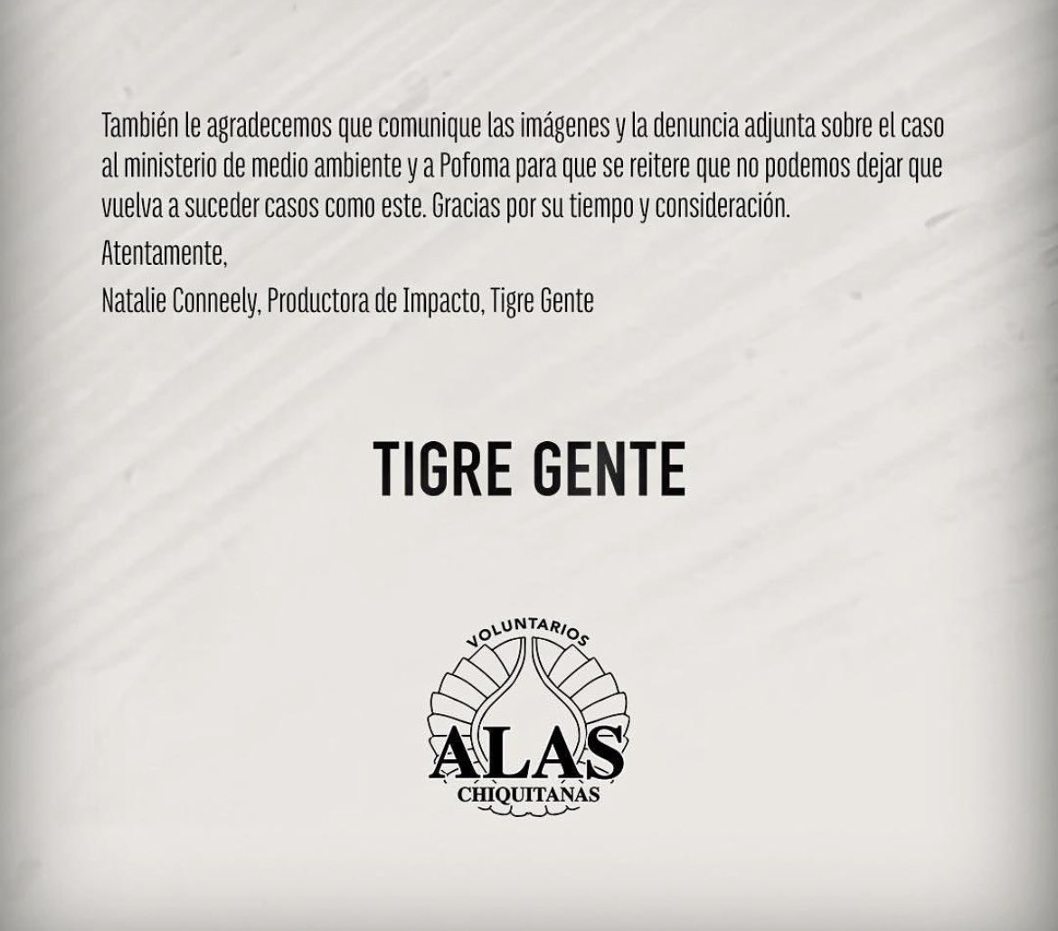 Acción Legal del Colectivo Tigre Gente: Carta al Vicepresidente de Bolivia por el Jaguar Asesinado en Cochabamba

Colaboremos todos para proteger a estas magníficas criaturas. 🐆✨
#jaguar #salvemosaljaguar