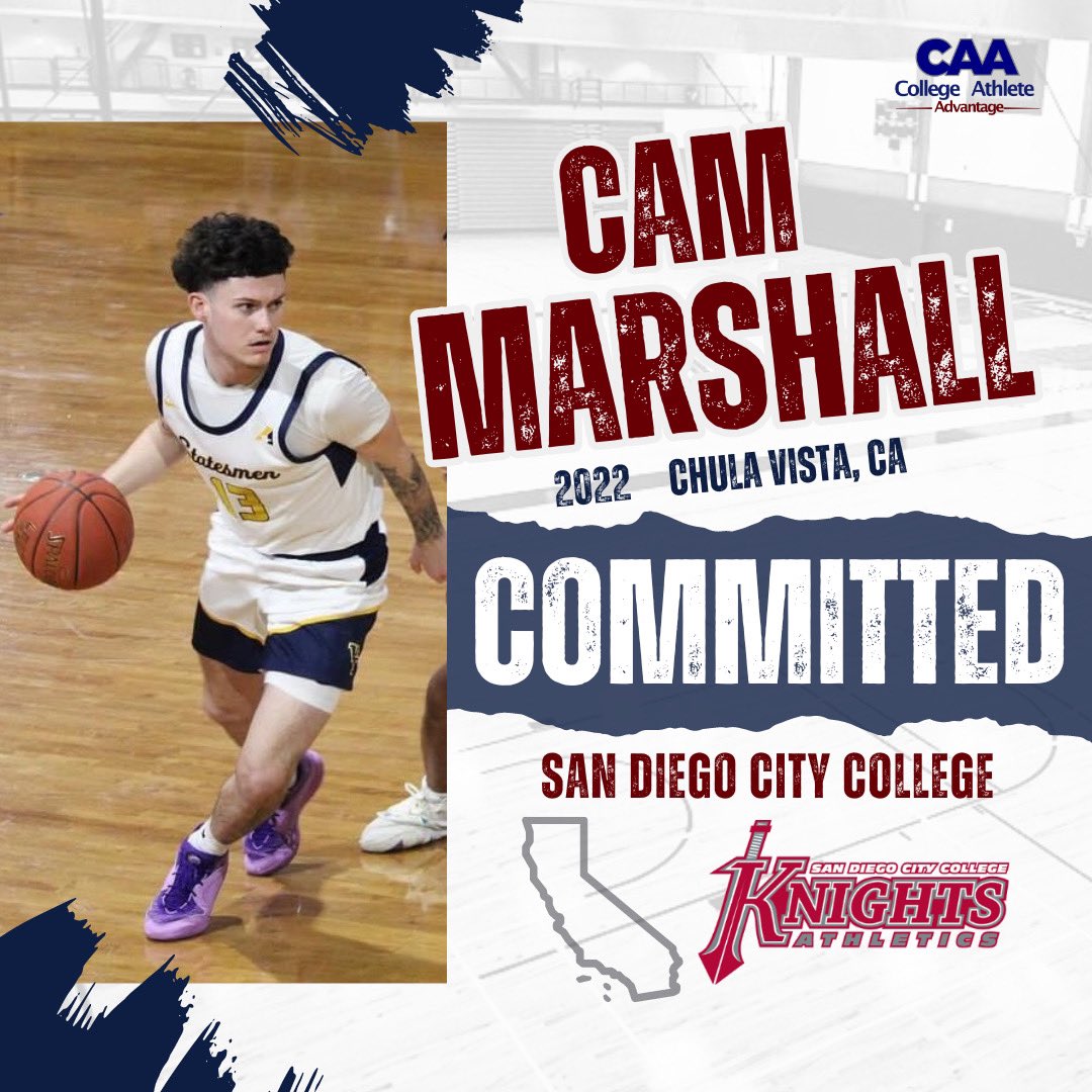 Congrats to CAA 6’3 Guard @CamMarshall8 on his commitment to @sdccmensbball. Cam is a sharp-shooting guard with a high IQ and motor. He plays with toughness defensively and is an elite passer. Excited for Cam’s journey with SDCC!