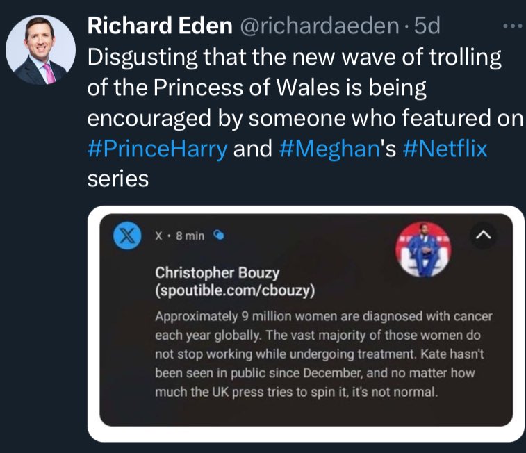Having received dog food from the Middletons, Richard Eden AKA Maureen has been spreading conspiracy theories about Harry and Meghan yet he wants us to stop asking questions about #WhereIsKateMiddleton Was the dog 🐕 food worth it or he needs more dog food to say the truth? Pity!