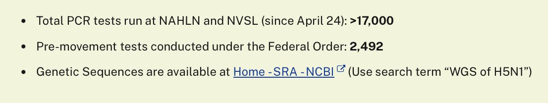 Searching for what's new on the #USDA's #H5N1 #birdflu in cows page today. It was apparently updated, but with what? If you know, please advise. In the meantime, saw this. They have provided a denominator for the pre-movement tests; wish we knew the numerator.