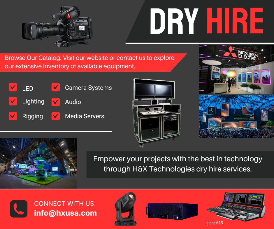 H&X Technologies Dry Hire Solutions. From corporate gatherings to concerts, trade shows, and specialized events. Let us be your production provider. Contact us today for more information. #HXUSA #HibinoGroup #EventTech #AudioVisual #AVrentals #AVequipment #ProductionServices