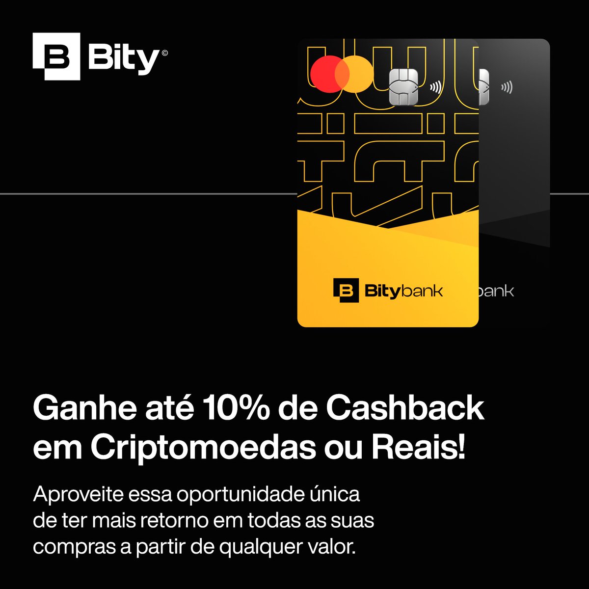 Faça suas compras usando seu cartão Bity e garanta seu cashback em Bitcoin,  Ethereum, USDT, PAXGOLD e outras moedas. E que tal convidar outras pessoas  para conhecer, e ganhar recompensas em R$,