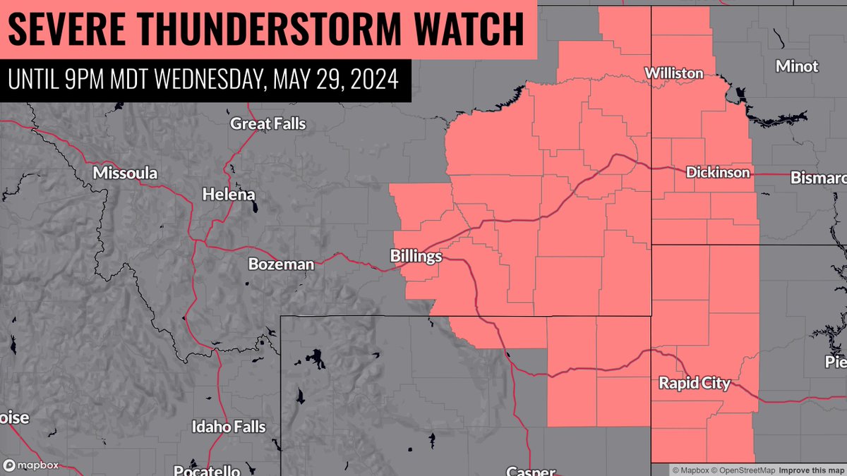 A severe thunderstorm watch has been issued for parts of Montana, North Dakota, South Dakota, and Wyoming until 9 PM MDT! #MTwx #NDwx #SDwx #WYwx 

PRIMARY THREATS: 
- Hail to 2' in diameter possible
- Wind gusts to 65 mph possible