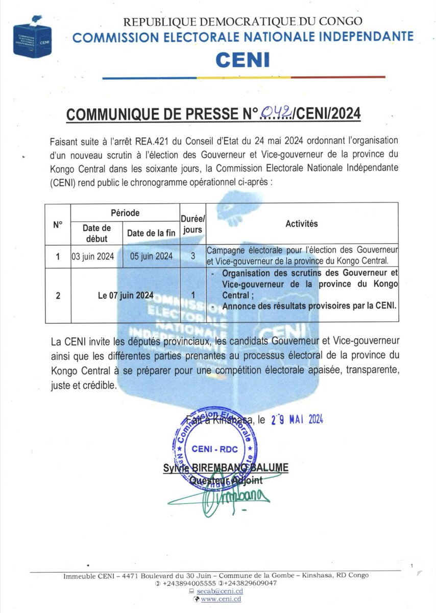 #KongoCentral : voici le chronogramme opérationnel pour l’organisation d'un nouveau scrutin à l'élection des Gouverneur et Vice-gouverneur de la province.