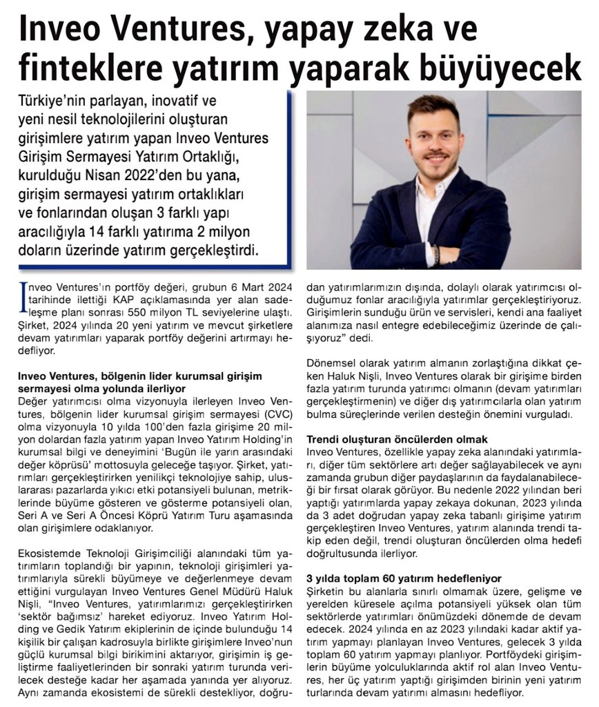 #inveo
🔎 Inveo Ventures, yapay zeka ve finteklere yatırım yaparak büyüyecek.
(kobi aktüel)