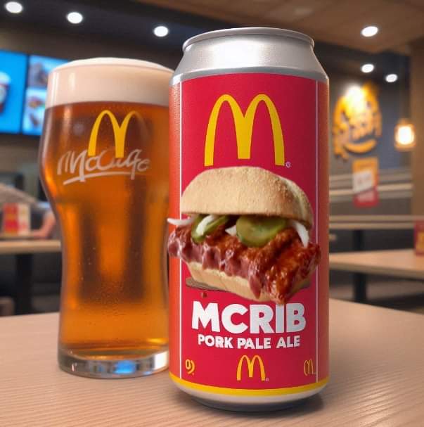 The McRib Pork Pale Ale by @McDonalds Brewing at 7.9 % ABV is a smokey, Barbecue Sauce infused patty of a beer with a hint of Pickle Slices, and a kick of Slivered Onions that you will be craving for it's manufactured scarcity! Cheers for BBQ beers! #TheFakeBrews 😁🍺 #BeerGoals