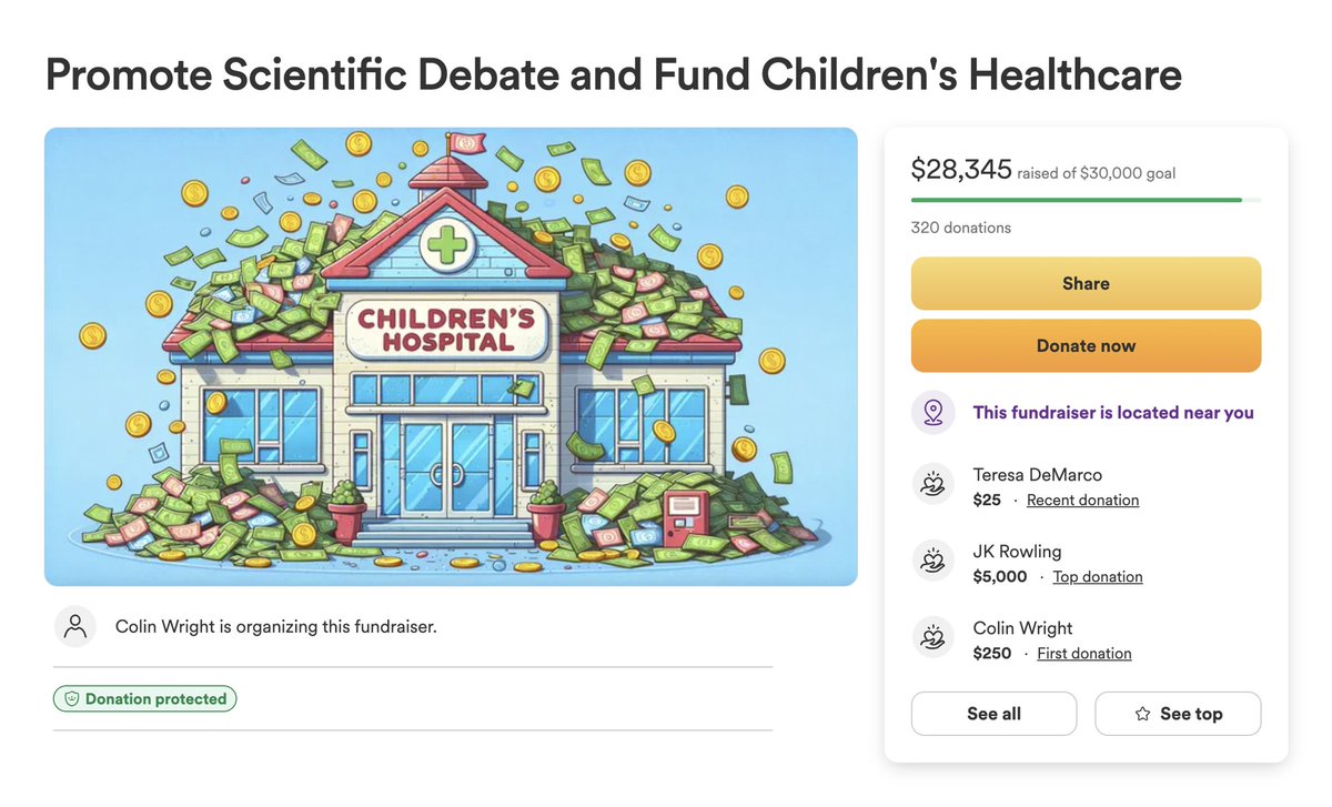 Hey folks, it's the last couple days of the fundraiser to encourage scientific debate on 'gender-affirming care' while funding a children's hospital. We are 94.5% of the way to our goal of $30,000! Please join donors like @jk_rowling to help us reach our goal! See link below!