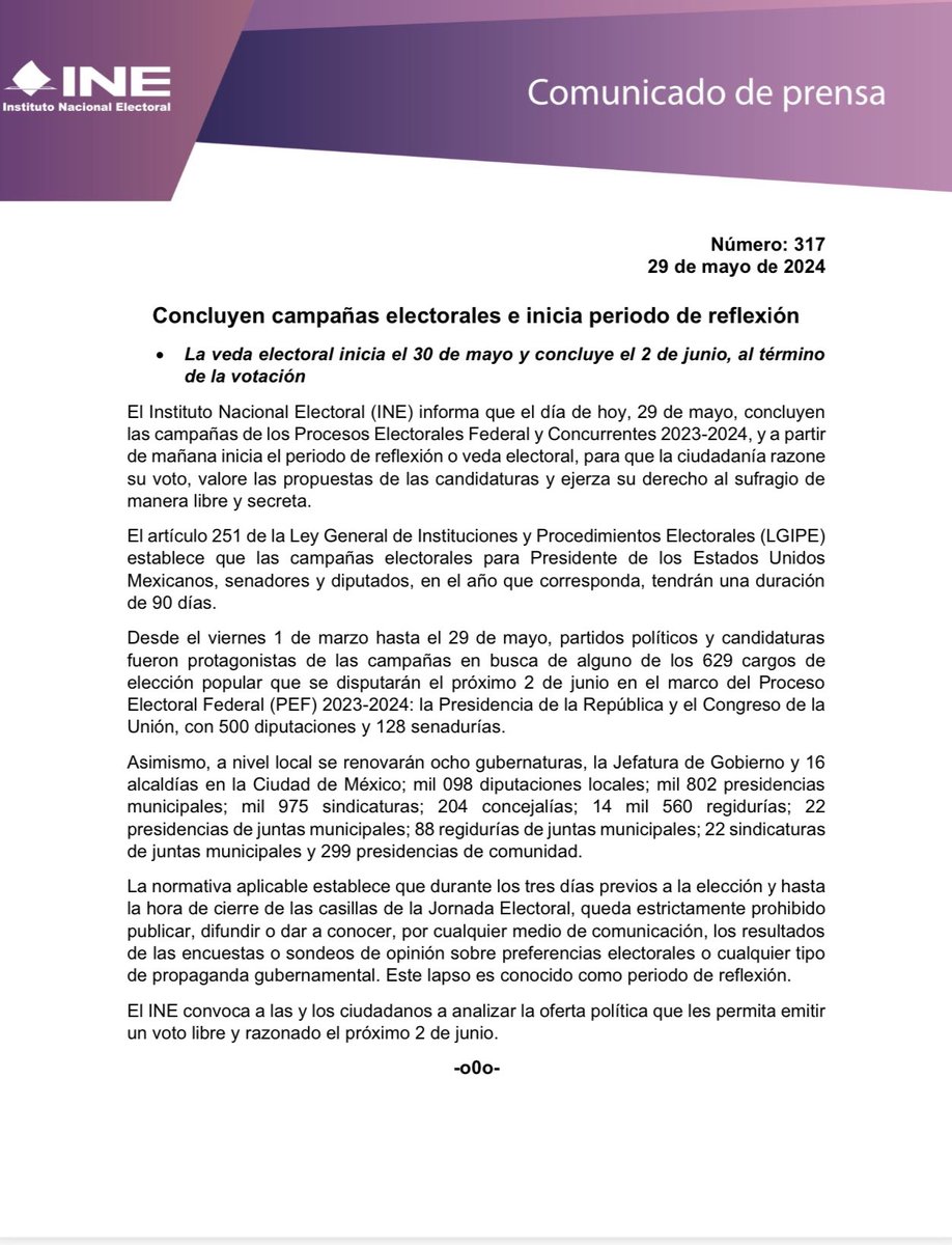 #BoletínINE 📑 | Concluyen campañas electorales e inicia periodo de reflexión. tinyurl.com/4m4p33s3 #Elecciones2024MX