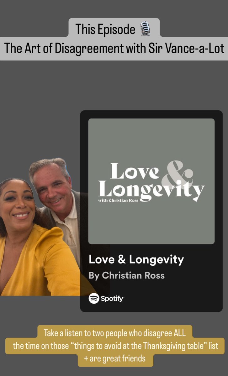 I totally forgot to share with my tweeps!

The Love &amp; Longevity Podcast is here 🎙️

While we focus on care conversations + living our best lives, this episode, “The Art of Disagreement” is with my friend, Vance, who I disagree with all.the.time

spoti.fi/3RakoPl

#podcast