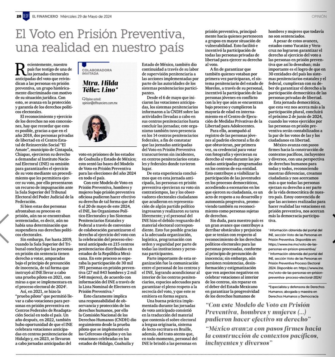 Hilda Téllez Lino (@hildatellezl) on Twitter photo Comparto la colaboración invitada para <a href="/ElFinanciero_Mx/">El Financiero</a> sobre “El Voto en Prisión Preventiva, una realidad en nuestro país”
Con este amplio mecanismo de inclusión democrática para las personas en #PrisiónPreventiva se garantiza el reconocimiento integral de sus derechos, en Comparto la colaboración invitada para <a href="/ElFinanciero_Mx/">El Financiero</a> sobre “El Voto en Prisión Preventiva, una realidad en nuestro país”
Con este amplio mecanismo de inclusión democrática para las personas en #PrisiónPreventiva se garantiza el reconocimiento integral de sus derechos, en