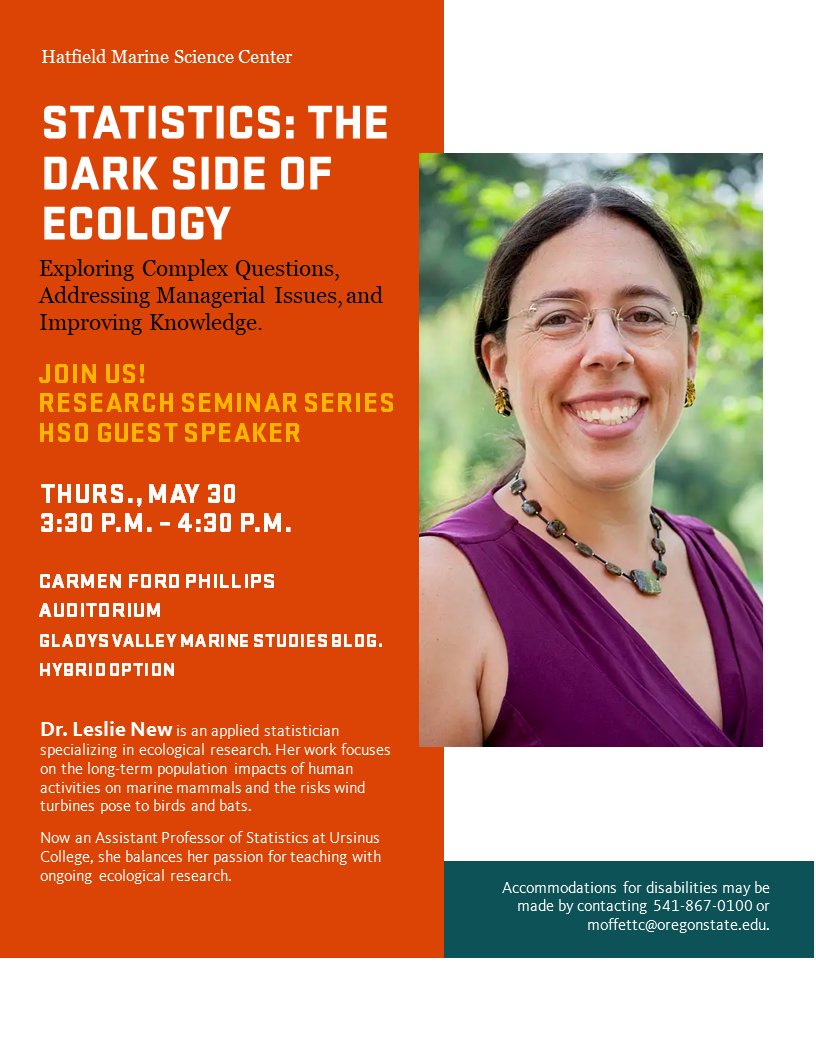 Ecology studies relationships between organisms and their environment, often evoking images of nature. Yet, math, statistics, and computing are crucial. Find Dr. Leslie New and her recorded seminar at hmsc.oregonstate.edu/pastseminars