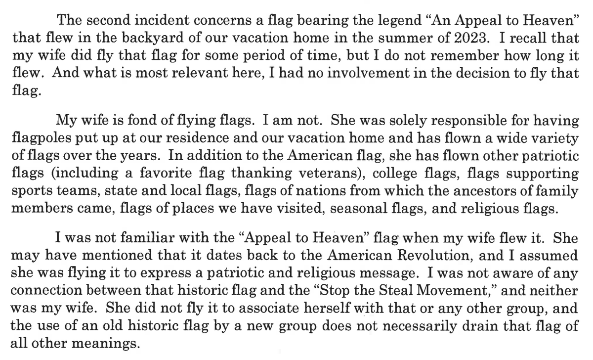 An odd thing about Alito's letter refusing to recuse himself over the flags controversy is the claim he did not know of the 'Appeal to Heaven' flag's ties to Jan 6, and he doesn't provide any evidence his wife flew it *before* then. Also: what 'religious flags' has she flown?
