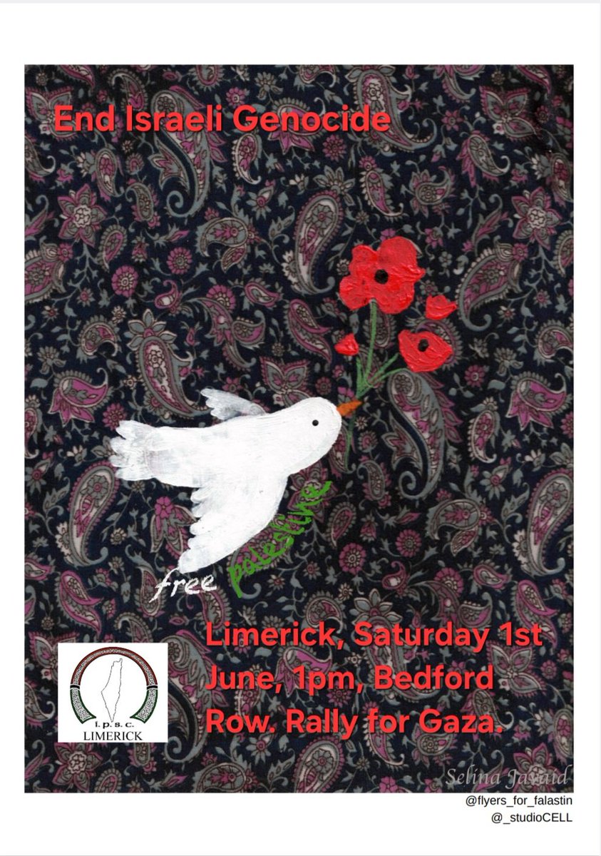 #Limerick we @ipsc48 go again Saturday 1st June 1pm. We demand an end to the impunity that enables apartheid Israel to massacre Palestinians at will. We demand action from our government to stop #GazaGenocide. Limerick stands with Palestine, always. #FreePalestine